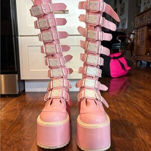 Demonia Pink Platform Buckle Boots